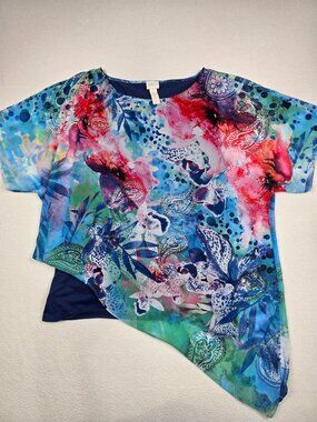Chicos Asymmetrical Top Size 3 Blue & Multicolor XL Asymmetrical